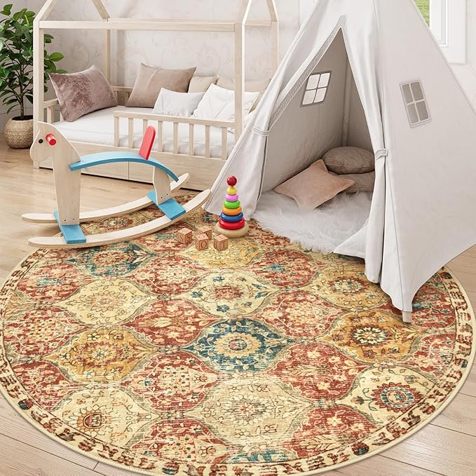 Lahome Moroccan Trellis Washable Round Area Rug, Soft Round Rugs 6ft Ultra-Thin Non-Slip, Vintage Large Circle Carpet for Bedroom Living Room Kitchen Nursery, Red/Orange