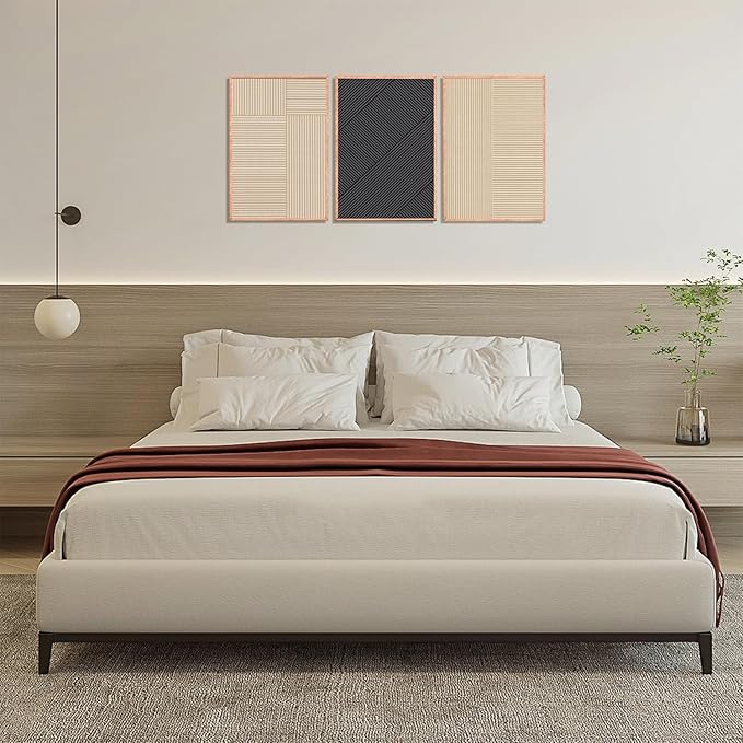 KAIRNE Modern Minimalist Wall Art Set of 3, Beige and Black Striped Geometric Prints with Wood Frame, Abstract Textured Wall Decor for Living Room, Bedroom, Office - 24x36 inch