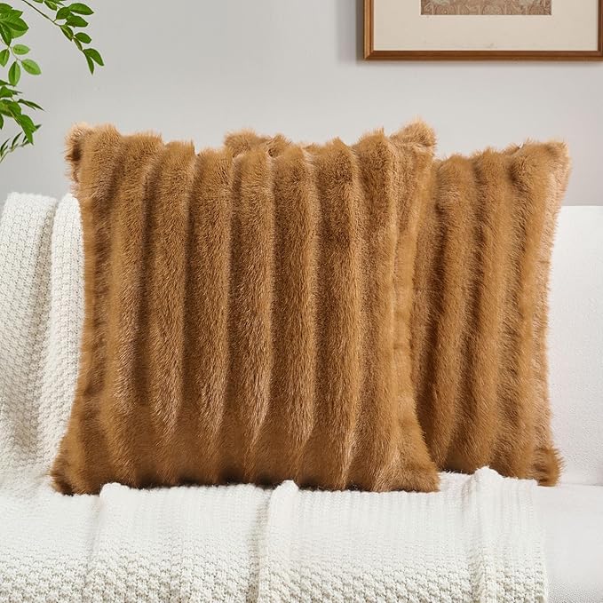 FUTEI Camel Decorative Throw Pillow Covers 20x20 Inch Set of 2,Soft Fluffy Faux Mink Fur Dyeing Striped Textured Cushion Case,Modern Home Decor for Couch Bed Living Room