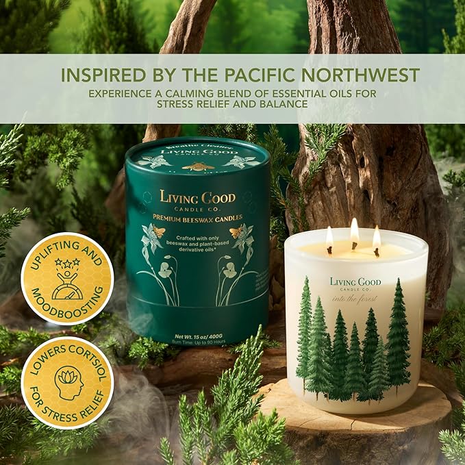 Into The Forest – Pine & Eucalyptus Essential Oils – Pure Beeswax Candle – Fresh, Calming Aromatherapy for Stress & Anxiety Relief – 90+ Hour Burn – Inspired by The Pacific Northwest - 15 Oz