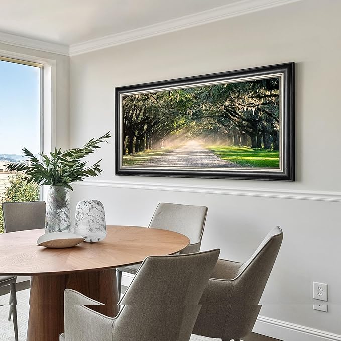 Framed Green Forest Wall Art: Nature Oak Tree Canvas Prints Modern Sunshine Path Landscape Painting for Living Room