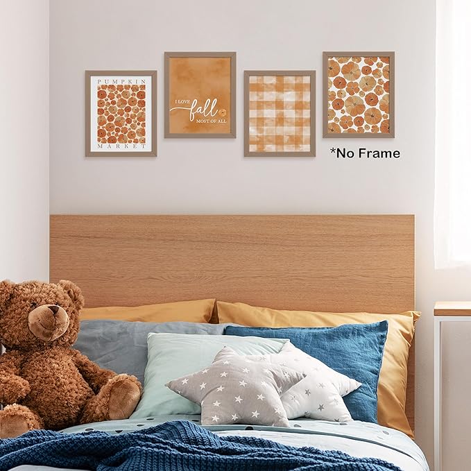 TLESKE Orange Fall Pumpkins Market Posters Prints Unframed Set of 4, Autumn Aesthetic Wall Art Prints for Dorm Bedroom Living Room, I Love Fall Most of All Pictures Wall Decor, 8x10