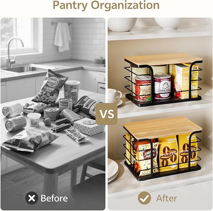 2 Pack Potato and Onion Storage Bin,Stackable Pantry Organizers and Storage with PP Liner and Bamboo Top,Kitchen Organization Counter Basket for Fruits,Produce,Vegetable, Black