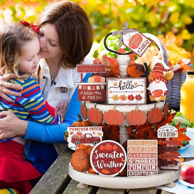 Amyhill 13 Pcs Fall Thanksgiving Tiered Tray Decor Set Pumpkin Maple Gnome Wooden Signs Hello Fall Table Centerpieces Farmhouse Tabletop Decorations for Home Autumn Harvest Shelf Table