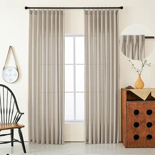 Dark Taupe Thick Linen Semi Sheer Pinch Pleated Curtains 90 Inches Long, 50 Inches Width, Modern Light Filtering Drapes Set of 2, Window Curtain with Hooks