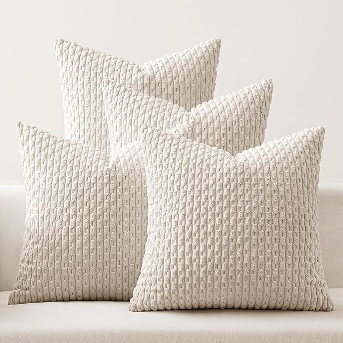 MIULEE Throw Pillow Covers Soft Couch Decorative Set of 4 Boho Striped Cushion Covers Corduroy Pillowcases Farmhouse Home Decor for Couch Bed Sofa Living Room 18x18 Inch Beige
