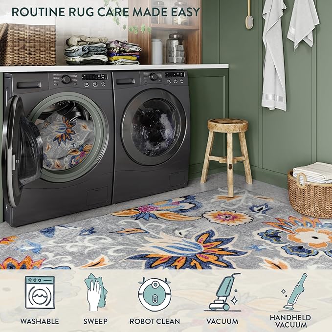 Lahome Floral Indoor Rugs for Entryway - 2x3 Washable Non-Slip Soft Bathroom Rug, Throw Small Area Rug for Bedroom Non-Shedding Grey Paisley Print Doormat Capet for Kitchen Sink Laundry Room Bedside