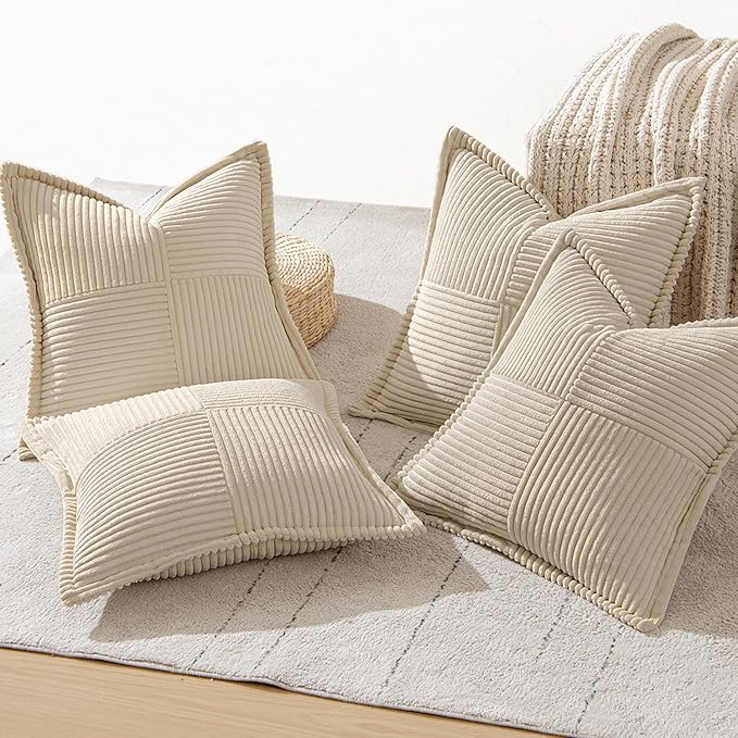 MIULEE Beige Throw Pillow Covers 16x16 Inch 4 Packs Soft Boho Decorative Pillow Cases Accent Farmhouse Corduroy Patchwork Cushion Cases with Invisible Zipper for Couch Sofa Bed Home Decor