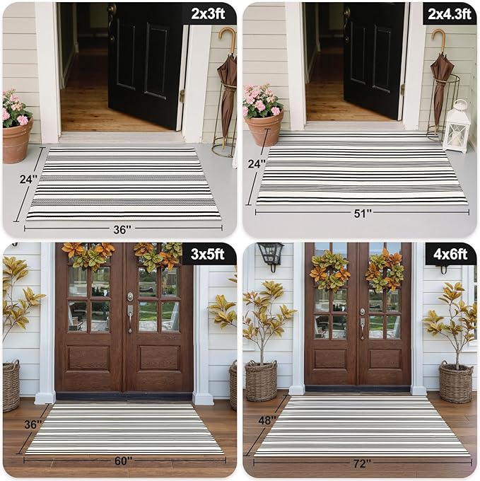 OJIA Black and White Outdoor Rug 2'x4.3', Fall Door Mats Outdoor Cotton Woven Halloween Doormat Front Porch Rug Machine Washable Indoor Door Mat Entryway Striped Rugs for Farmhouse/Kitchen