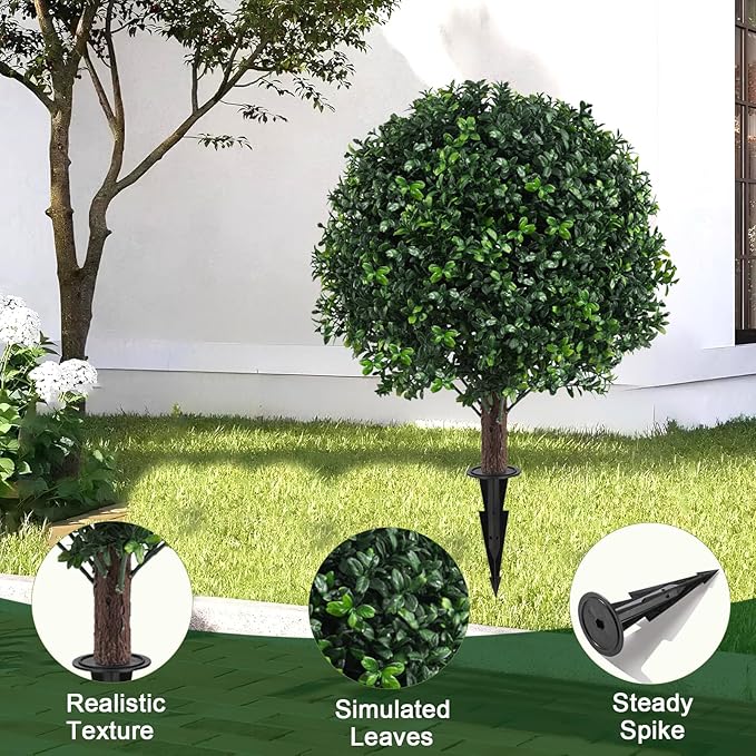 Artificial Boxwood Topiary Ball Bush for Outdoor with Spike, Set of 2 UV Resistant Faux Boxwood Ball Tree with Stake, Weatherproof Fake Round Topiary Shrub Plant for Front Porch Planter