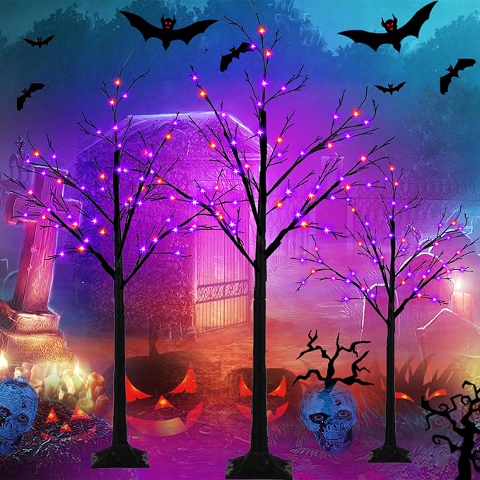 Set of 3 Lighted Black Halloween Tree 4FT 5FT and 6FT, Higher Size, Timer Function Orange & Purple Spooky Tree with 96 LED Lights for Indoor & Outdoor Halloween Decorations Yard Garden Home Party