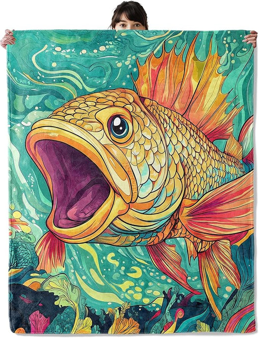 Cartoon Fish Blanket, Cozy Flannel Vibrant Open-Mouth Fish Throw Blanket, Soft Fuzzy Blankets for Travel Home Decor, All Season Lightweight Couch Bed Cover, Gifts for Women Adults Kids 60"×80"