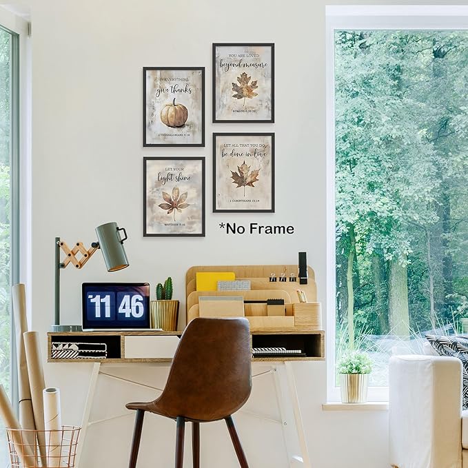 TLESKE Rustic Fall Christian Pumpkins Maple Leaves Posters Prints Unframed Set of 4 for Farmhouse Bedroom Living Room Kitchen, Vintage Autumn Wall Art Prints Decor, Thanksgiving Wall Pictures, 12x16