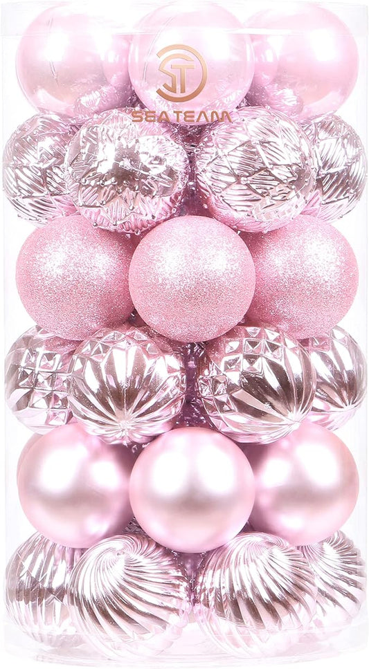 Sea Team 41-Pack Christmas Ball Ornaments with Strings, 60mm/2.36-Inch Medium Size Baubles, Shatterproof Plastic Christmas Bulbs, Hanging Decorations for Xmas Tree, Holiday, Wedding, Party, Pink