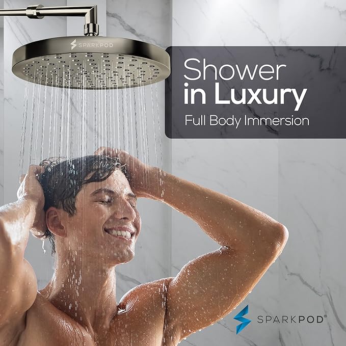 SparkPod Shower Head - High Pressure Rain - Premium Quality Luxury Design - 1-Min Install - Easy Clean Adjustable Replacement for Your Bathroom Shower Heads (Elegant Brushed Nickel, 8 Inch Round)