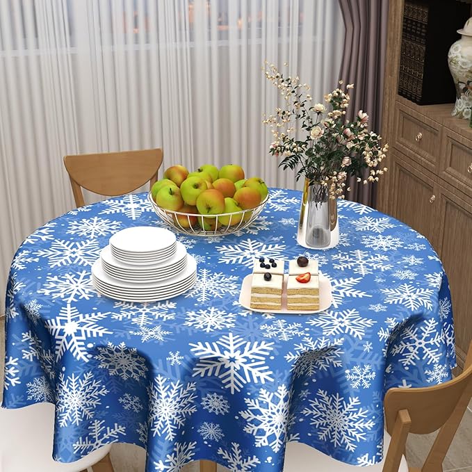 Winter Blue Snowflakes Round Tablecloth Blue and White Round Christmas Table Cover 60 Inch Washable Xmas Holiday Table Cloth for Home Kitchen Dining Room Patio Picnic Party Indoor Outdoor Decor