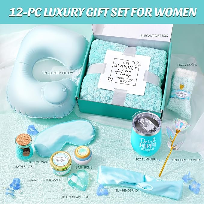 LUCOTIYA Birthday Gifts for Women Self Care Gifts Get Well Soon Gifts,Ocean Relaxing Spa Gift Basket Care Package with Blanket, Idea Thinking of You Gifts for Mom Her Best Friends Sister Wife