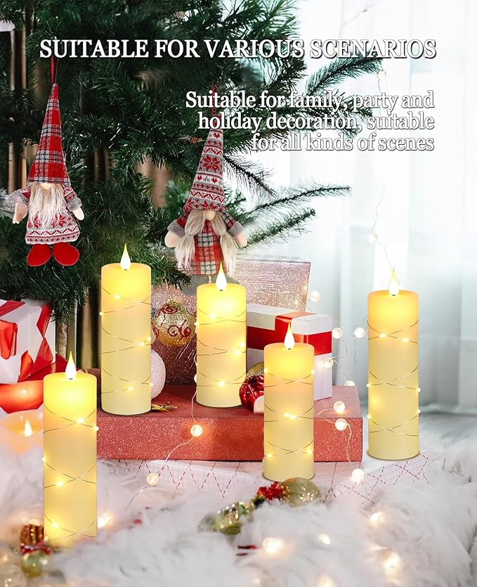 Da by Flickering Flameless Candles with String Lights, Battery Operated Candles with Remote and Timer, LED Pillar Candle Real Wax,5 Pack-Ivory White