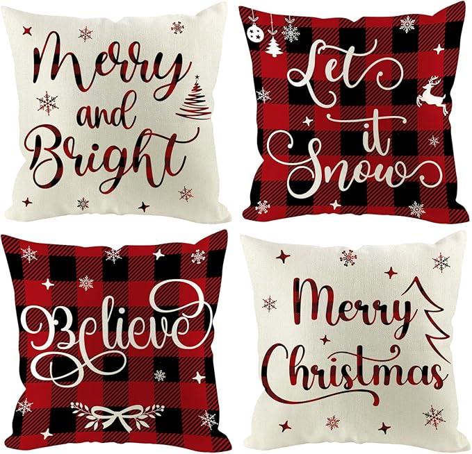 Christmas Pillow Covers 18x18 inch Set of 4, Holiday Winter Outdoor Red Plaid Vintage Xmas White Burgundy Seasonal Burlap Decorations for Sofa Couch