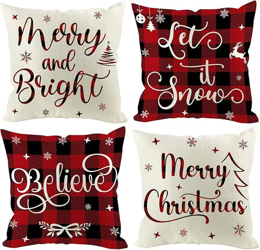 Christmas Pillow Covers 18x18 inch Set of 4, Holiday Winter Outdoor Red Plaid Vintage Xmas White Burgundy Seasonal Burlap Decorations for Sofa Couch