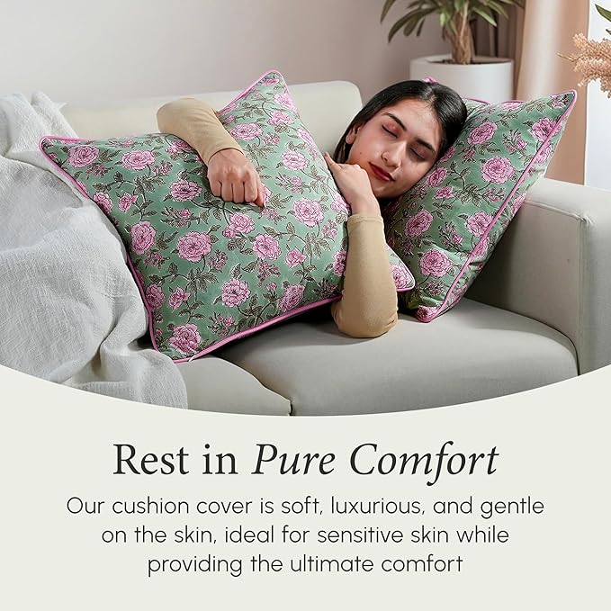 CPC 100% Cotton Throw Pillow Covers 20x20 Inch, Set of 2 Pink Block Print Pattern Couch Pillow, Cute Boho Decorative Pillows for Living Room, Bedroom with Hidden Zipper- Pink Tourmaline