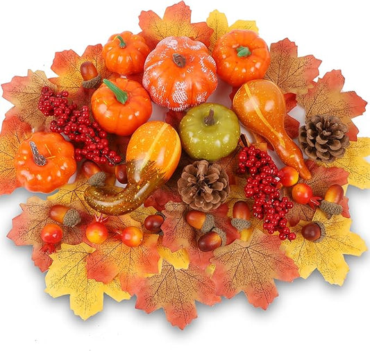 winemana 57pcs Fall Decorations for Home - Small Pumpkins for Decorating with Fake Leaves, Gourds & Pinecones -Thanksgiving Decor for Table Centerpiece Indoor Room Autumn Harvest Decor