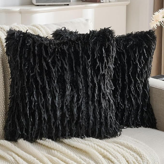 FUTEI Black Decorative Throw Pillow Covers 22x22 Inch Set of 2,Soft Fluffy Faux Feather Texture Cushion Cases,Modern Home Luxury Decor for Couch Bed Living Room