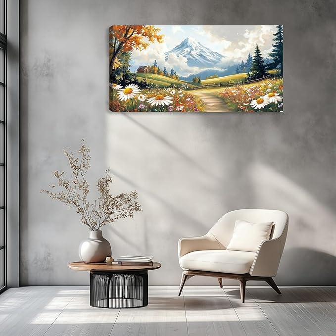 Mountain Canvas Wall Art Wall Decor Large Wildflowers Landscape Wall Art Poster Pictures Painting for Living Room for Bedroom Home Framed Farmhouse Decorations Artwork 48L x 24W