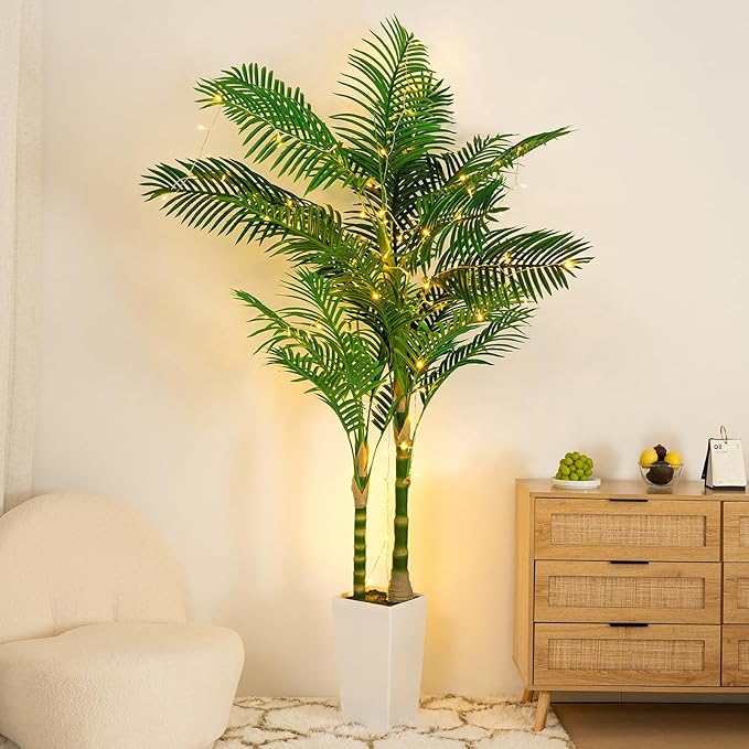 7ft Artificial Golden Cane Palm Tree with LED Fairy Lights & White Tall Planter-Lifelike Faux Tropical Palm with Realistic Trunk and Palm Leaves for Indoor Home Office Living Room Corner Decor