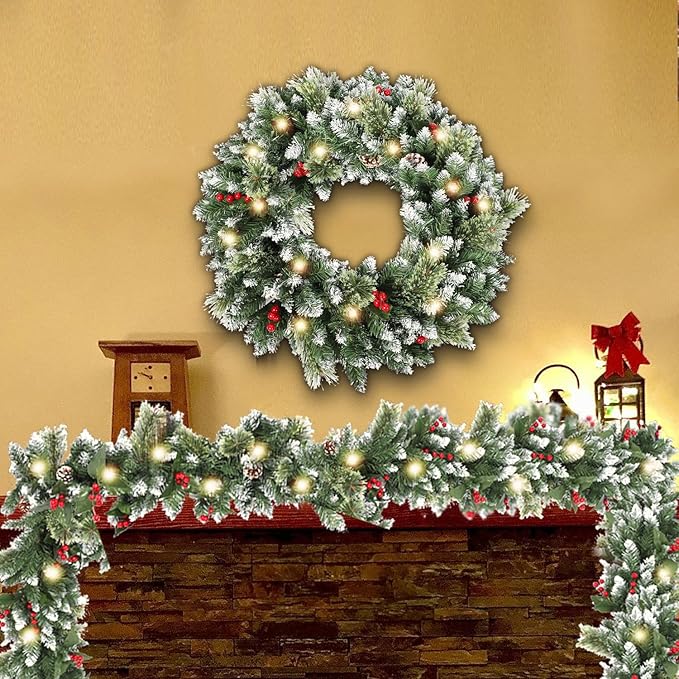 9ft Christmas Garland with Lights,Lighted Artificial Flowering Pine Garland for Mantle,Prelit Faux Green Christmas Winter Garland with Pine Cones and Red Berry for Indoor Outdoor Decor