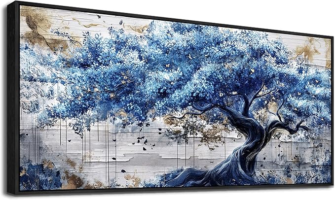 ERQINHUA Large Canvas Wall Decor For Living Room Wall Art For Bedroom Office Home Decor Blue Tree Wall Paintings Farmhouse Abstract Watercolour Pictures Artwork Ready To Hang 32x72 In Black Framed
