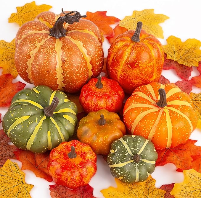 DomeStar 38PCS Fake Pumpkin Set, 8PCS Pumpkins for Decorating with 30PCS Maple Leaves Fall Harvest Decorations for Home, Thanksgiving Table Centerpieces and Halloween Decor