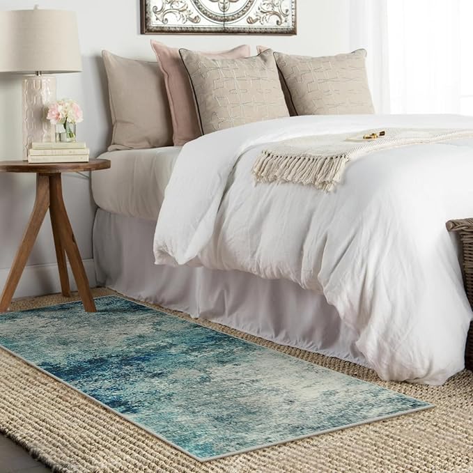 Lahome Modern Abstract Hallway Runner Rug 8ft, Washable 2x8 Rug Runners for Hallways Non Slip, Soft Bathroom Kitchen Runner Non Skid Carpet Runner for Entryway Laundry Bedroom RV, Blue/Grey