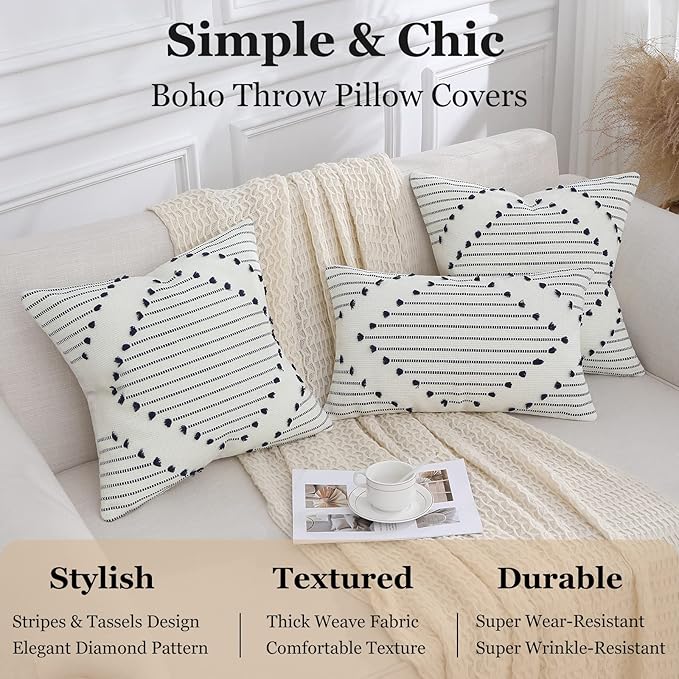 Mecatny Boho Outdoor Throw Pillow Covers 12X20 Set of 2, Farmhouse Lumbar Pillow Covers for Couch Sofa Living Room, Navy & Cream White