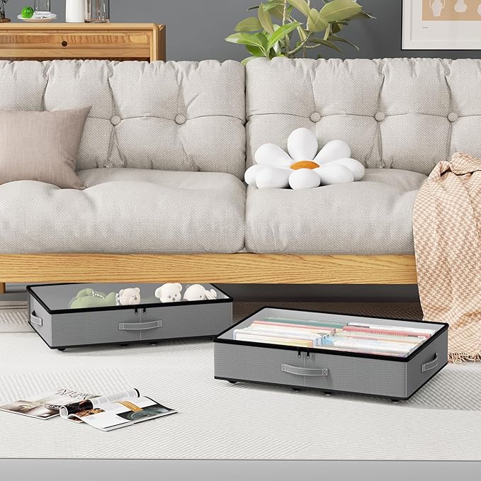 Under Bed Storage with Wheels, No Assemble Required 5.5 inches height grey under bed storage bins,Low Profile Rolling Under bed Shoe Storage containers，dorm under bed storage drawers