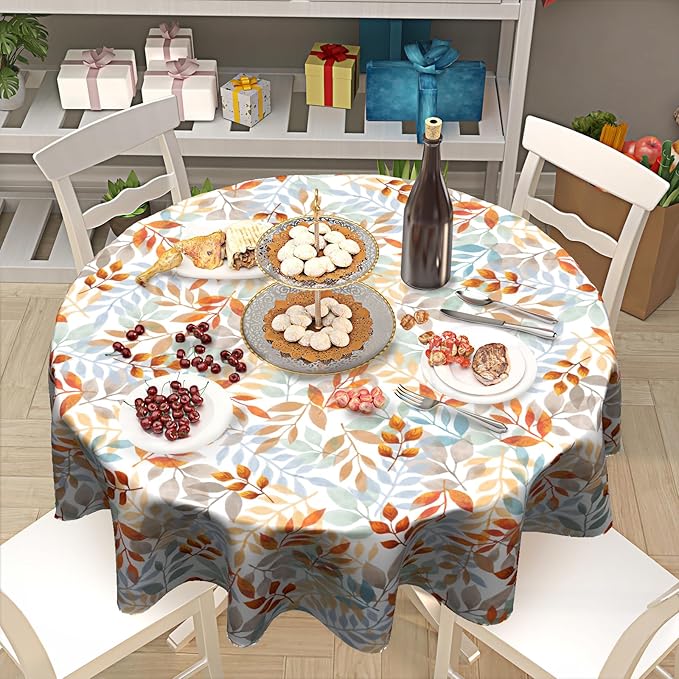 Fall Round Tablecloth 60x60 Inch Fall Leaves Tablecloth Circular Autumn Thanksgiving Round Table Cloth Washable Tabletop Autumn Leaves Table Cover for Seasonal Holiday Home Kitchen Dining Party Decor
