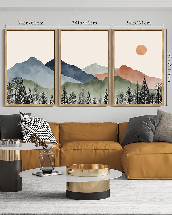 KUVIOKE Mountain Landscape Framed Wall Decor Boho Sun Rise Watercolor Nature Art Prints Farmhouse Rustic Bedroom Dining Living Room Decor 24x36in (Natural Framed)