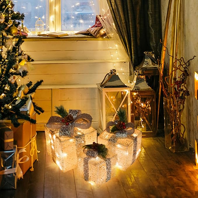 Christmas Lighted Gift Boxes, Pre-lit Lights Gold Linen Cloth Gift Boxes, Light up Present Boxes Set Battery Operated with Different Sizes for Holiday Indoor Outdoor Decorations (Gold Liene)