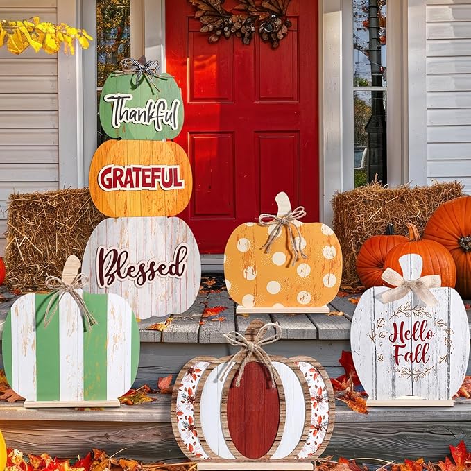 Bucherry 5 Set Fall Porch Decoration Pumpkin Wood Porch Standings Thankful Grateful Blessed Hello Fall Welcome Sign Decor with Base for Thanksgiving Festival Home Front Door Garden(Orange Style)