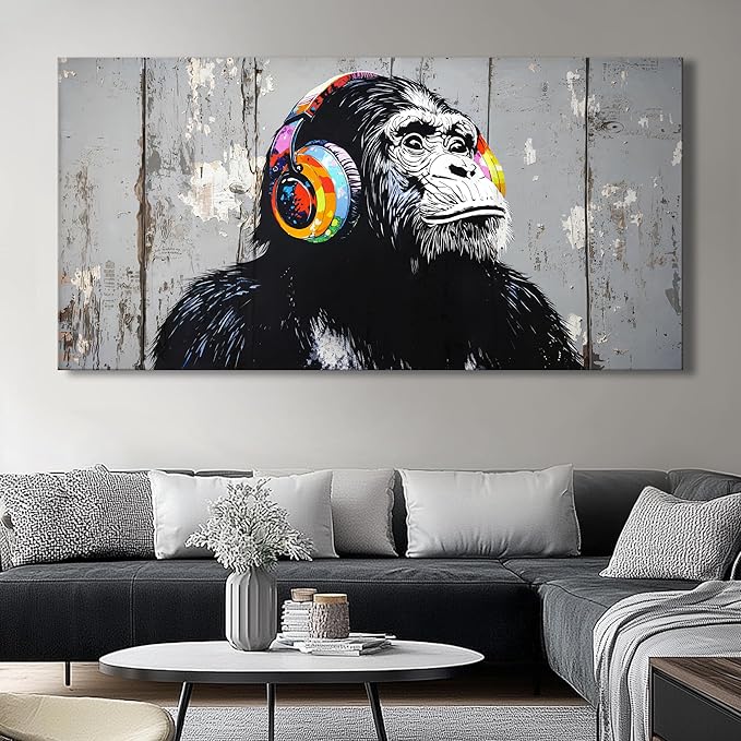 Wall Art Graffiti Gorilla Abstract Canvas Painting Textured Picture, Modern Landscape Artwork Framed for Living Room Bedroom Bathroom Office Home Decor 48x24in