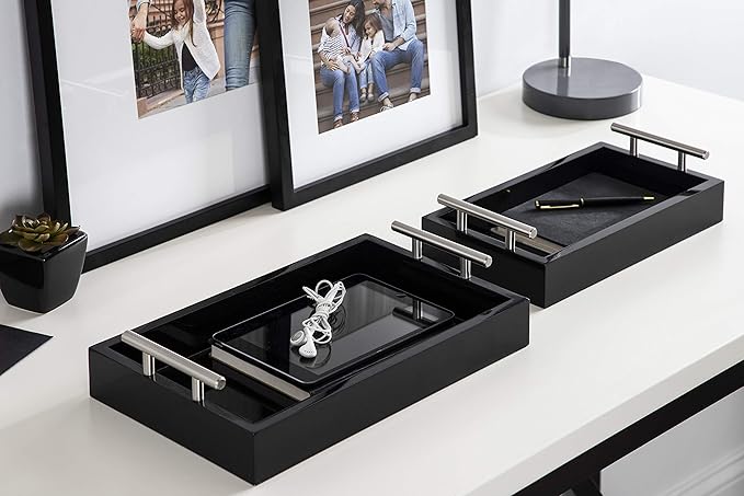 Kate and Laurel Lipton Modern Tray Set, Set of 2, Black and Silver, Glam Decorative Trays for Storage and Display
