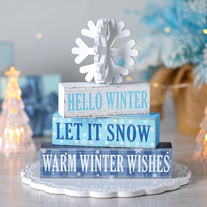 Geelin 4 Pieces Hello Winter Wooden Table Decorations Let It Snow Wooden Signs Rustic Snowflake Tiered Tray Decor Winter Wishes Tabletop Centerpieces for Home Desk Room Kitchen Shelf
