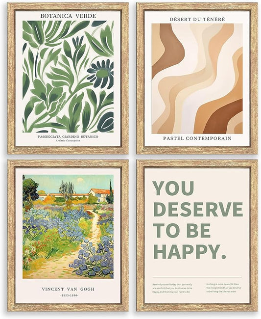 GUMEYJIA Modern Wall Art Print Set 4 Piece Wall Decor Collection Botanical Verde Desert Contemporary Van Gogh Garden Inspirational Quote Wood Frame (8"x10")