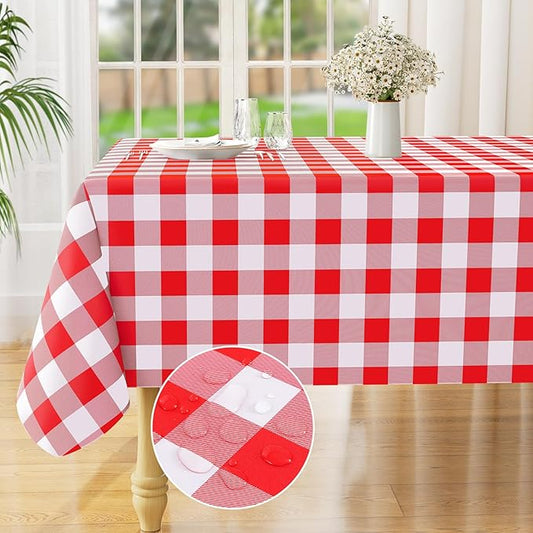 misaya Square Waterproof Vinyl Table Cloth, Buffalo Flannel Backed Tablecloth, Wipeable Plastic Table Cover for Dinner, Kitchen, Outdoor (60" x 60", Red and White)