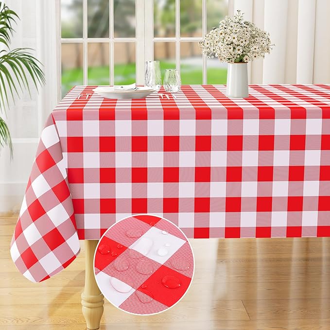 misaya Rectangle Waterproof Vinyl Table Cloth, Buffalo Flannel Backed Tablecloth, Wipeable Plastic Table Cover for Dinner, Kitchen, Outdoor (60" x 120", Red and White)