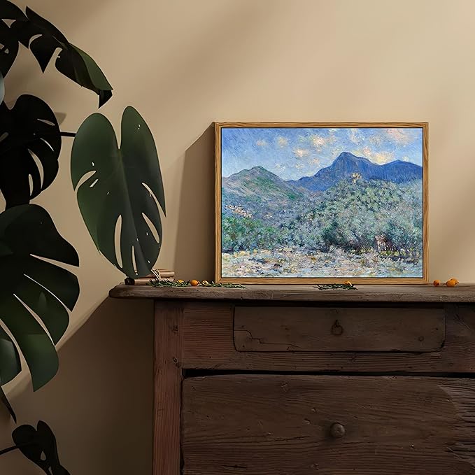 Vintage Framed Monet Wall Art – Impressionist Blue Green Forest Oil Painting Canvas Prints – Tranquil Nature Hillside Landscape Aesthetic Wall Decor for Living Room Bedroom Bathroom – 8"x10"