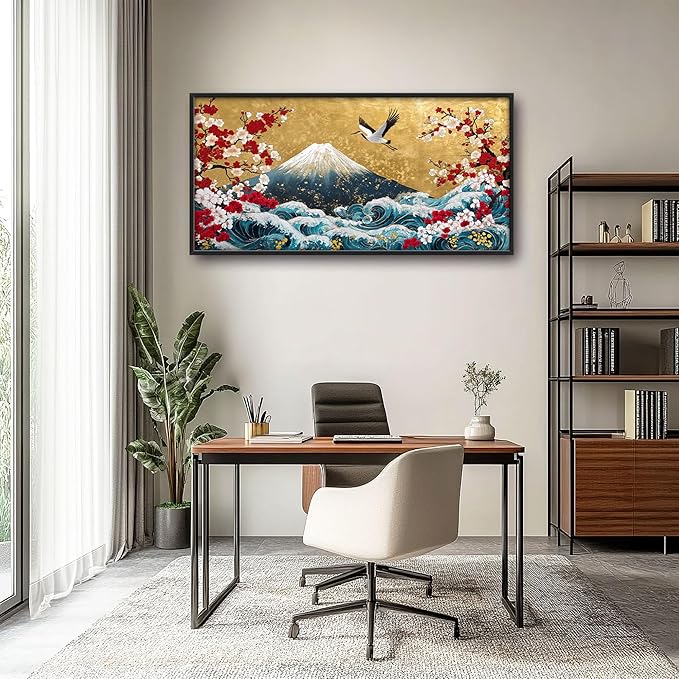 Japanese Large Wall Art for Living Room, Fuji Mountain Oversized Wall Decor Pictures, Ocean Wave Framed Canvas Print Painting, Vintage Artwork for Bedroom Office Home Decor 60"x30"