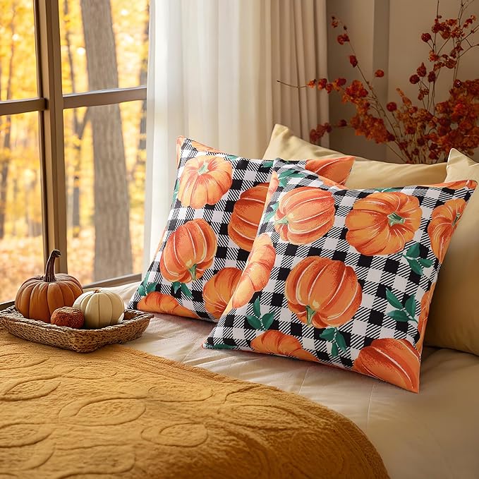 decorUhome Fall Orange Pumpkin Linen Decorative Throw Pillow Covers 18x18 Set of 2, Buffalo Plaid Check Farmhouse Gingham Cushion Covers with Stitched Edge for Autumn Harvest Couch Sofa Bed