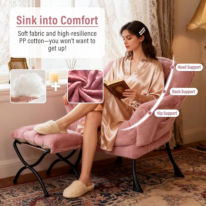 Lazy Chair with Ottoman, Modern Chair with Folding Footrest, Lounge Accent Chair, Comfortable Reading Chair (Plush Dark Pink)