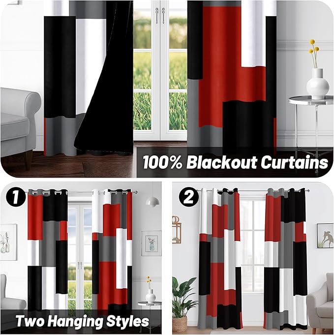 Red Black 100% Blackout Curtains for Bedroom 72 inch Length 2 Panels Set White Grey Modern Abstract Geometric Black Out Curtains Insulated Room Darkening Window Drapes for Living Room, 52Wx72L